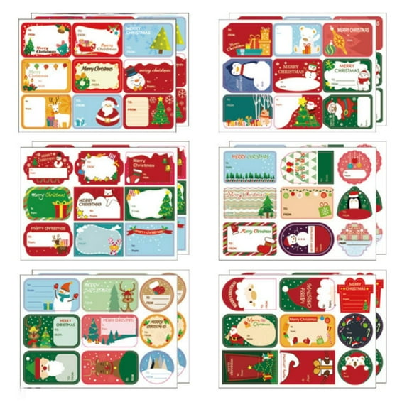 ABODELINE Christmas Tags Labels, Self Adhesive Gift Stickers Name Tags with Santa Snowmen Xmas Tree Reindeer Bells Holiday Decorative Tags for Christmas Presents