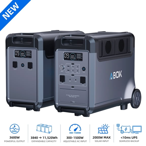 ABOK Ark3600 7680Wh Solar Generator Bundle, Includes 3600W LiFePO4 Portable Power Station and 3840Wh Expansion Battery, Extended Home Backup, RV & Off-Grid Power