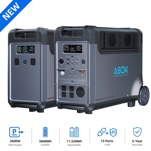ABOK Ark3600 7680Wh Solar Generator, 3600W LiFePO4 Portable Power Station with Expansion Battery for Home Backup, Blackouts & Hurricanes