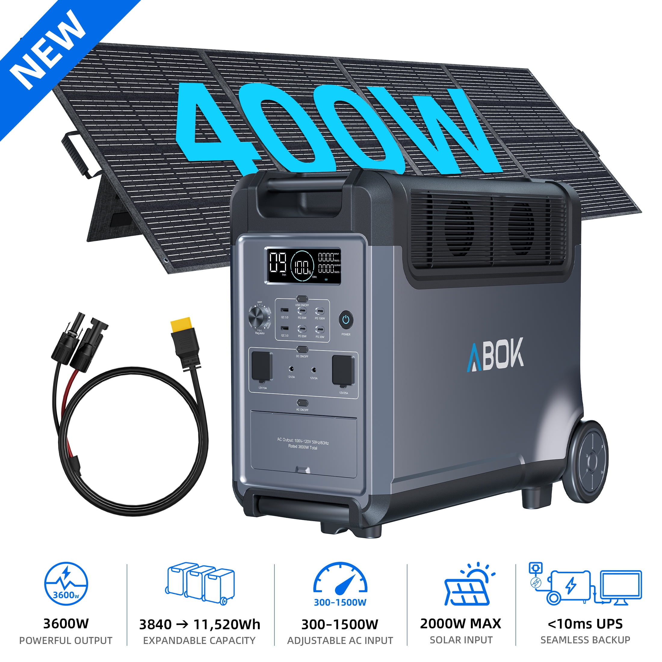 ABOK 3600W 3840Wh LiFePO4 Solar Generator with 400W Solar Panel, Portable Power Station for Home Backup, RV, Camping & Hurricane Outages(Ark3600+PV400)