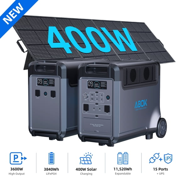 ABOK Ark3600 7680Wh Solar Generator, 3600W LiFePO4 Portable Power Station with Expansion Battery & 400W Solar Panel for Home Backup, RV, Off-Grid & Hurricane Blackouts