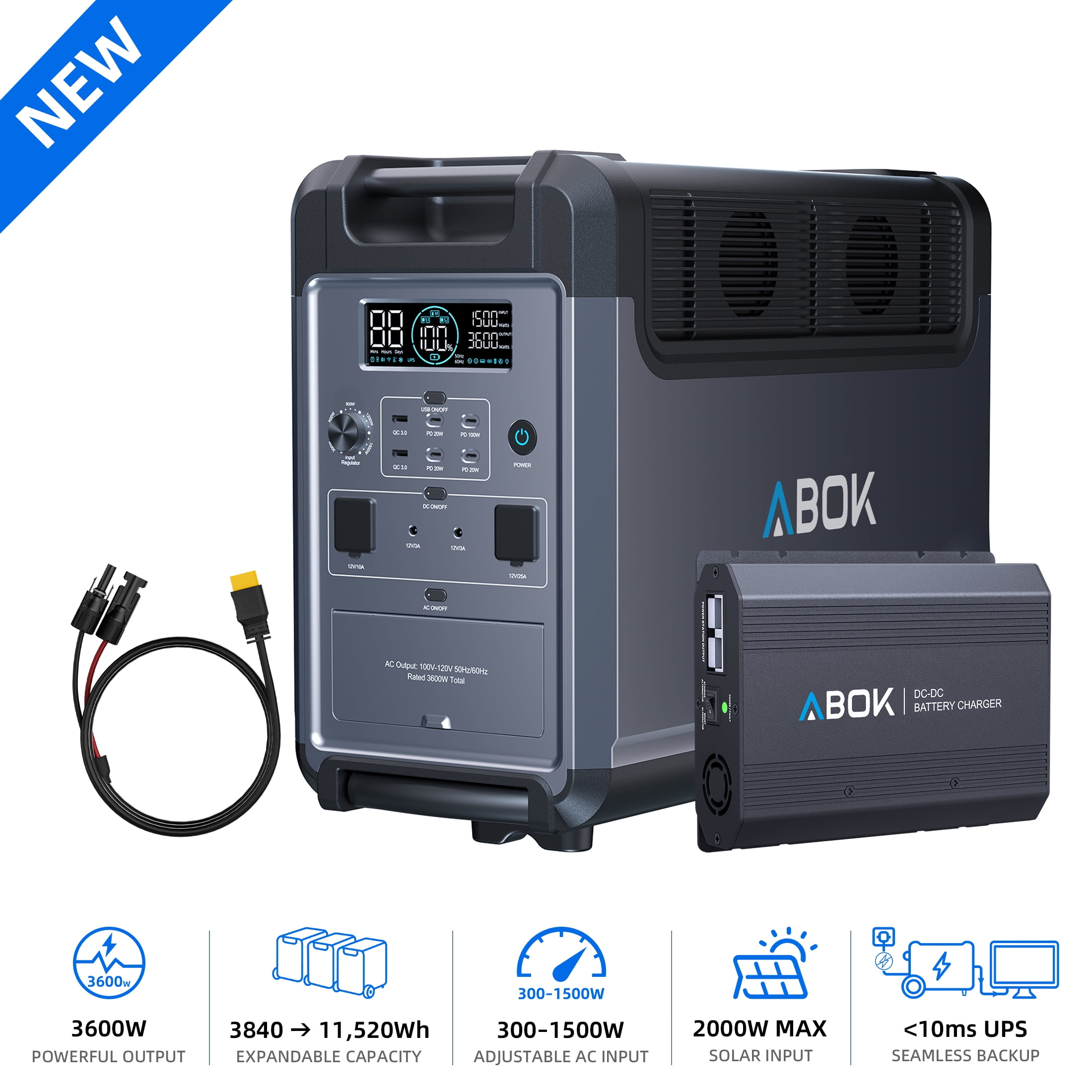 ABOK 3600W Portable Power Station, 3840Wh LiFePO4 Solar Generator with 500W DCDC Car Fast Charger for RV, Camping, Road Trips & Off-Grid Power