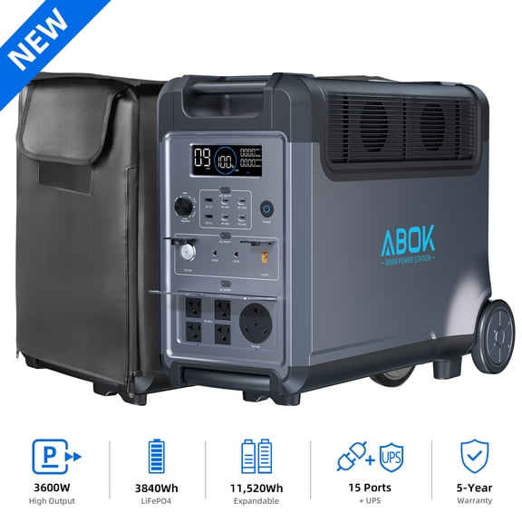 ABOK 3600W Portable Power Station, 3840Wh LiFePO4 Solar Generator with Waterproof Cover for Home Backup, RV, Camping & Emergency Power