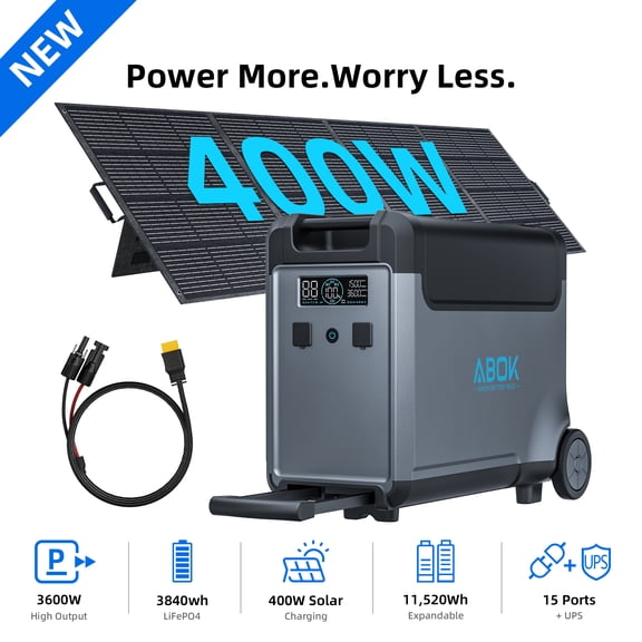 ABOK Ark3600 Expansion Battery & 400W Solar Panel Kit, 3840Wh LiFePO4 Extra Battery Pack for Extended Runtime, Solar Charging, RV & Off-Grid Power, Station Not Included