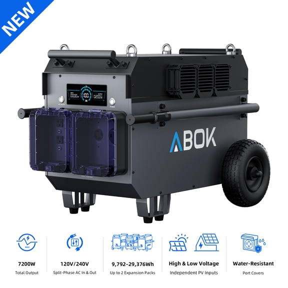 ABOK Ark7200 Plus 7200W Portable Power Station, 9792Wh LiFePO4 Solar Generator, 120V/240V Split-Phase Output, Water-Resistant Port Covers for Home Backup, RV & Off-Grid