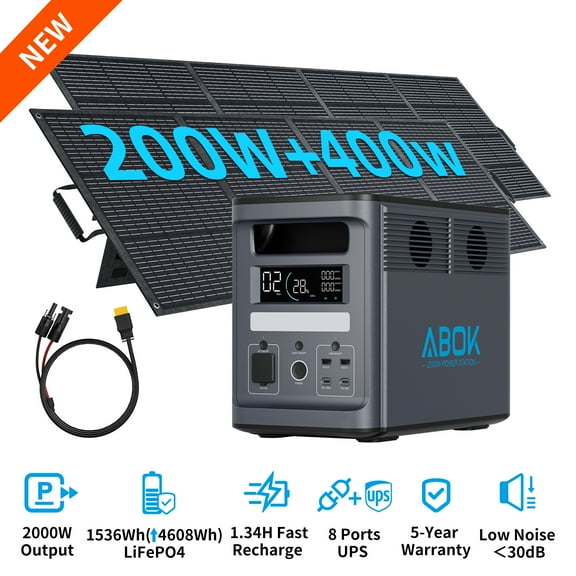 ABOK 2000W Solar Generator, 1536Wh Portable Power Station with 600W Solar Panel Kit (400W+200W) for Home Backup, Camping, RV & Emergency(Ark2000+PV600)