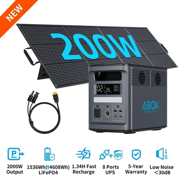 ABOK Ark2000 200W Solar Kit – 2000W 1536Wh Power Station with 200W Panel for Camping & RV Off-Grid