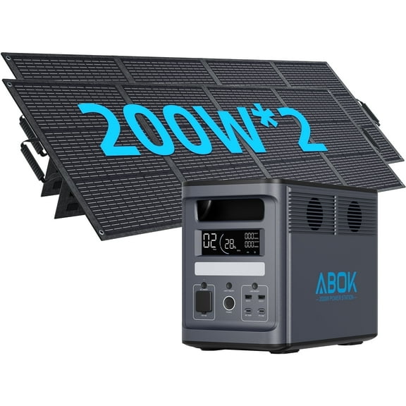 ABOK Ark2000 Portable Solar Generator, 2000W 1536Wh, with Dual 200W Solar Panels, LiFePO4 Battery, Fast Charge for Outdoor and Home Backup