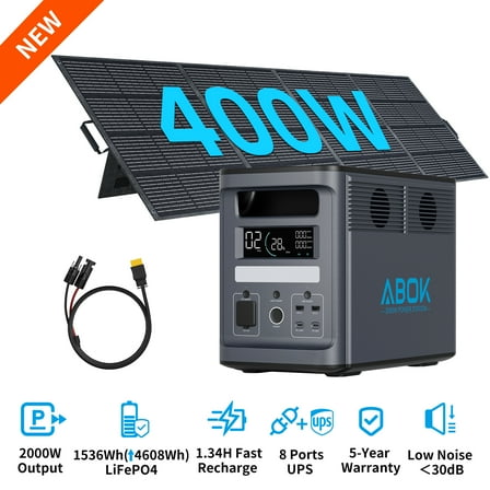 ABOK 2000W Solar Generator, 1536Wh Portable Power Station with 400W Solar Panels, LiFePO4 Battery for Outdoor & Home Backup(Ark2000+PV400)