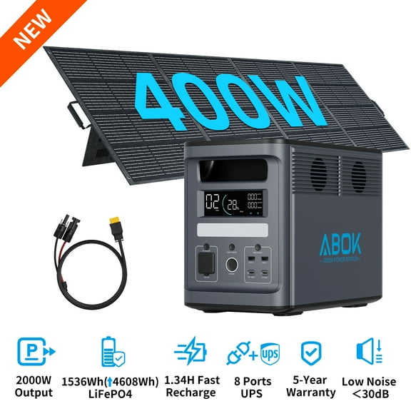 ABOK 2000W Solar Generator, 1536Wh Portable Power Station with 400W Solar Panels, LiFePO4 Battery for Outdoor & Home Backup(Ark2000+PV400)