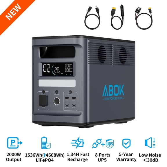 ABOK Ark2000 Solar Generator,2000W 1536Wh LiFePO4 Expandable Portable Power Station for Camping & Home Use