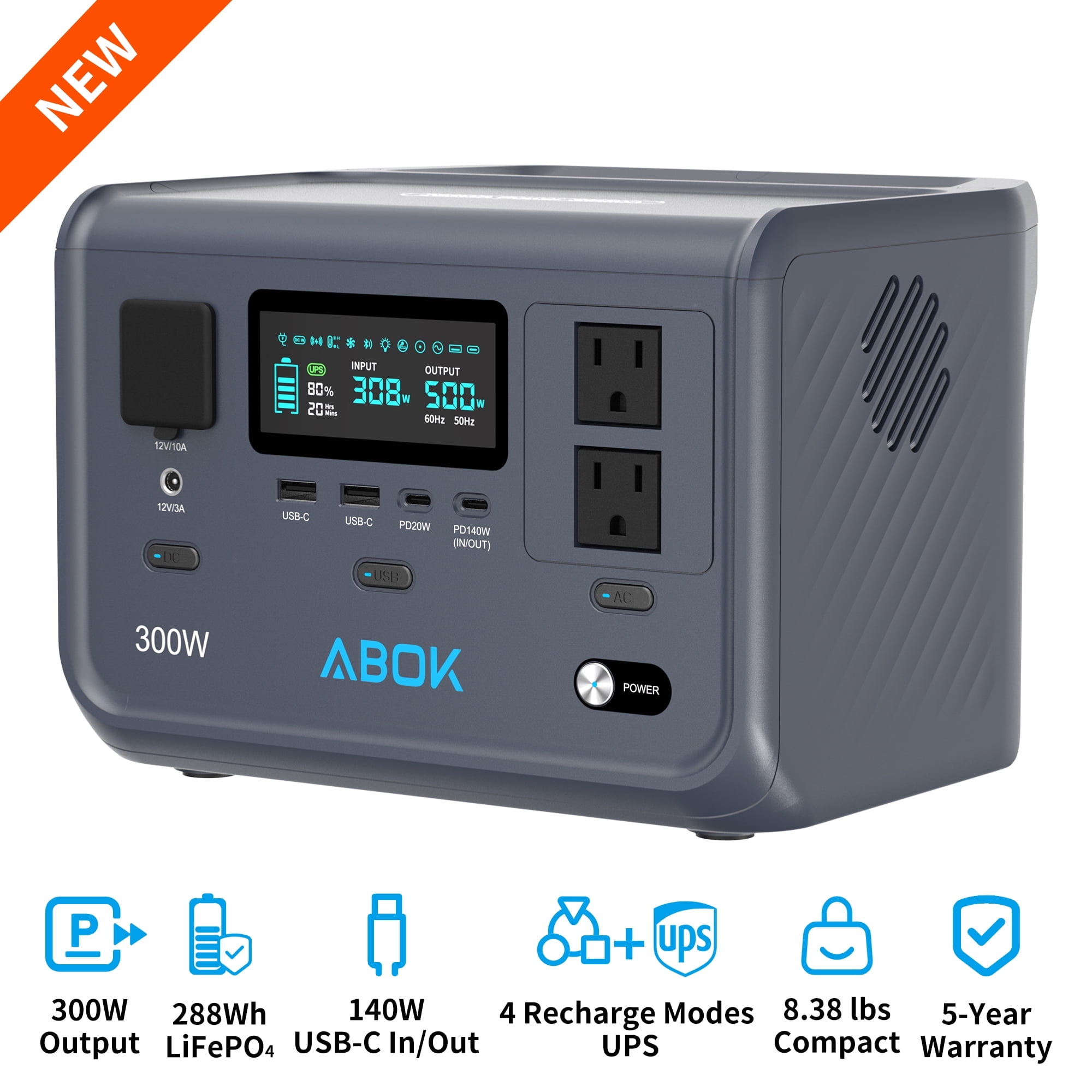 ABOK Ark300 Portable Solar Generator, 288Wh LiFePO4 Power Station, 300W Output, 140W Fast Dual-Way Charging, Ultra-Light 8.38 lbs for Camping & Home Backup