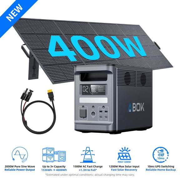 ABOK Ark2000 400W Solar Generator Kit – 2000W Portable Power Station, 1536Wh LiFePO4 for Home Blackouts & RV Life