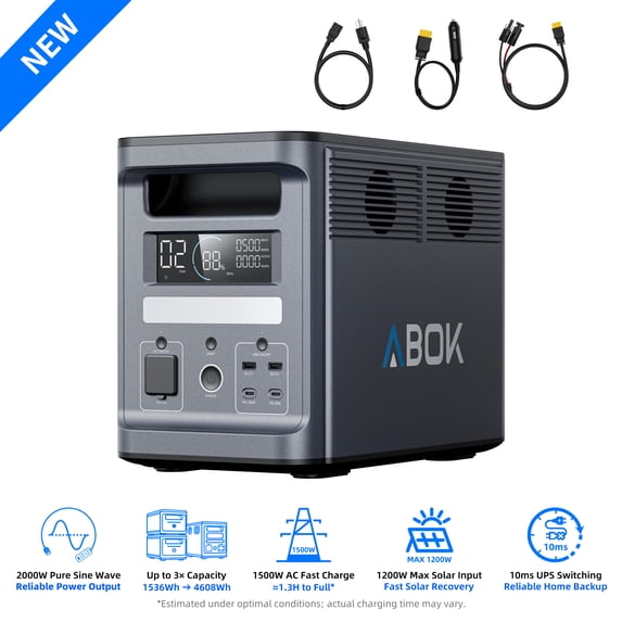 ABOK Ark2000 Expandable Power Station 2000W, 1536Wh LiFePO4 (Up to 3072Wh) for Home Backup, Blackouts & Hurricanes