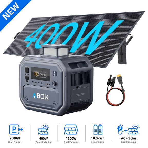 ABOK Ark2500 2500W Portable Power Station with 400W Solar Panel, 2160Wh LiFePO4 Battery Backup, Expandable to 10.8kWh, 1200W Solar Input, 1800W AC Fast Charging, UPS, USB-C for Home RV Camping