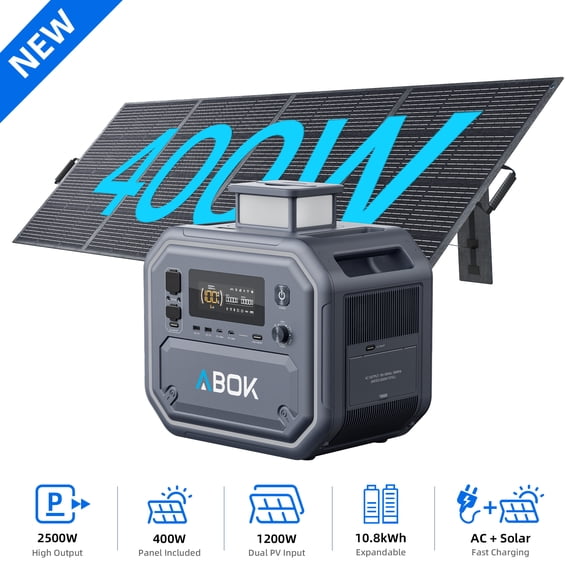 ABOK Ark2500 2500W Portable Power Station with 400W Solar Panel, 2160Wh LiFePO4 Solar Generator Kit, 1200W Max Solar Input, 1800W AC Fast Charging, UPS, Dual 140W USB-C for Home, RV & Camping
