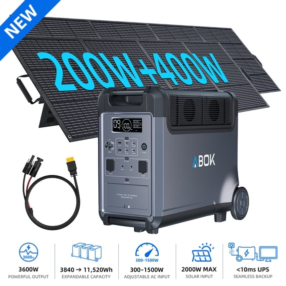 ABOK 3600W 3840Wh Solar Generator with 600W Solar Panels, LiFePO4 Portable Power Station for Home Backup, RV, Camping, Off-Grid & Power Outages (Ark3600+PV200+PV400)