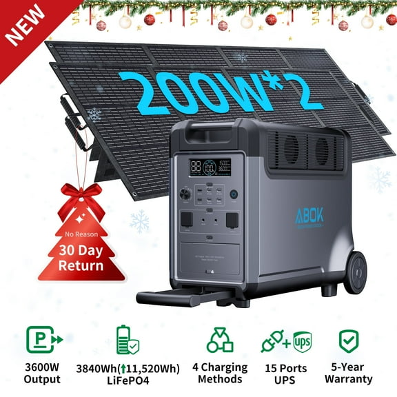 ABOK Ark3600 3600W 3840Wh Solar Generator + 200W Solar Panel*2 – for Home, Camping, RVs, Outages & Off-Grid with Green Energy