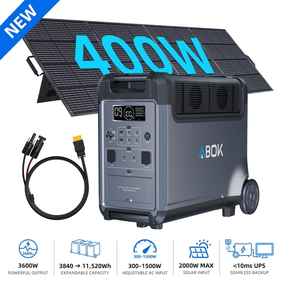 ABOK 3600W 3840Wh LiFePO4 Solar Generator with 400W Solar Panel, Portable Power Station for Home Backup, RV, Camping & Hurricane Outages(Ark3600+PV400)
