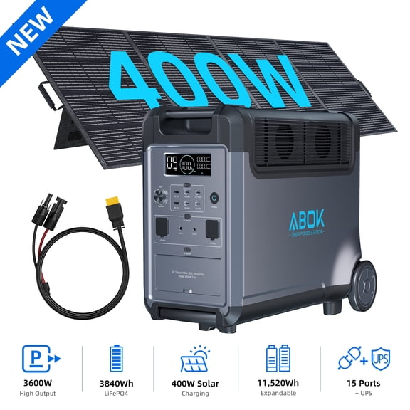 ABOK 3600W 3840Wh Solar Generator with 400W Solar Panel, LiFePO4 Portable Power Station for Home Backup, RV, Camping & Hurricane Outages (Ark3600+PV400)