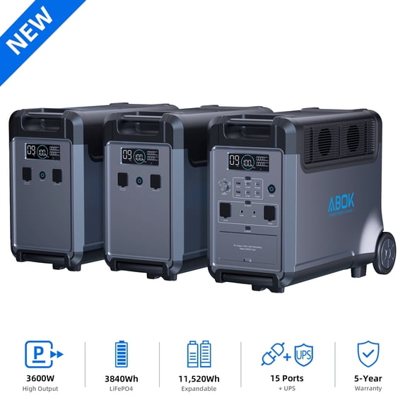 ABOK Ark3600 11520Wh Solar Generator, 3600W LiFePO4 Portable Power Station with 2 Expansion Batteries for Home Backup, Blackouts, Hurricanes & Emergency