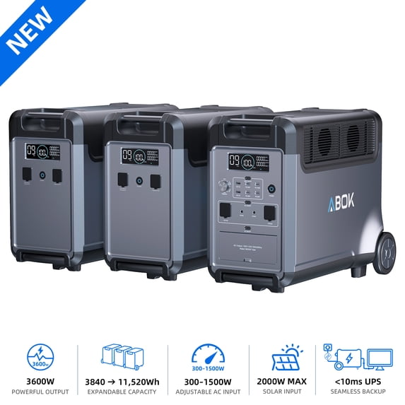 ABOK Ark3600 11520Wh Solar Generator, 3600W LiFePO4 Portable Power Station with 2 Expansion Batteries for Home Backup, Blackouts, Hurricanes & Emergency