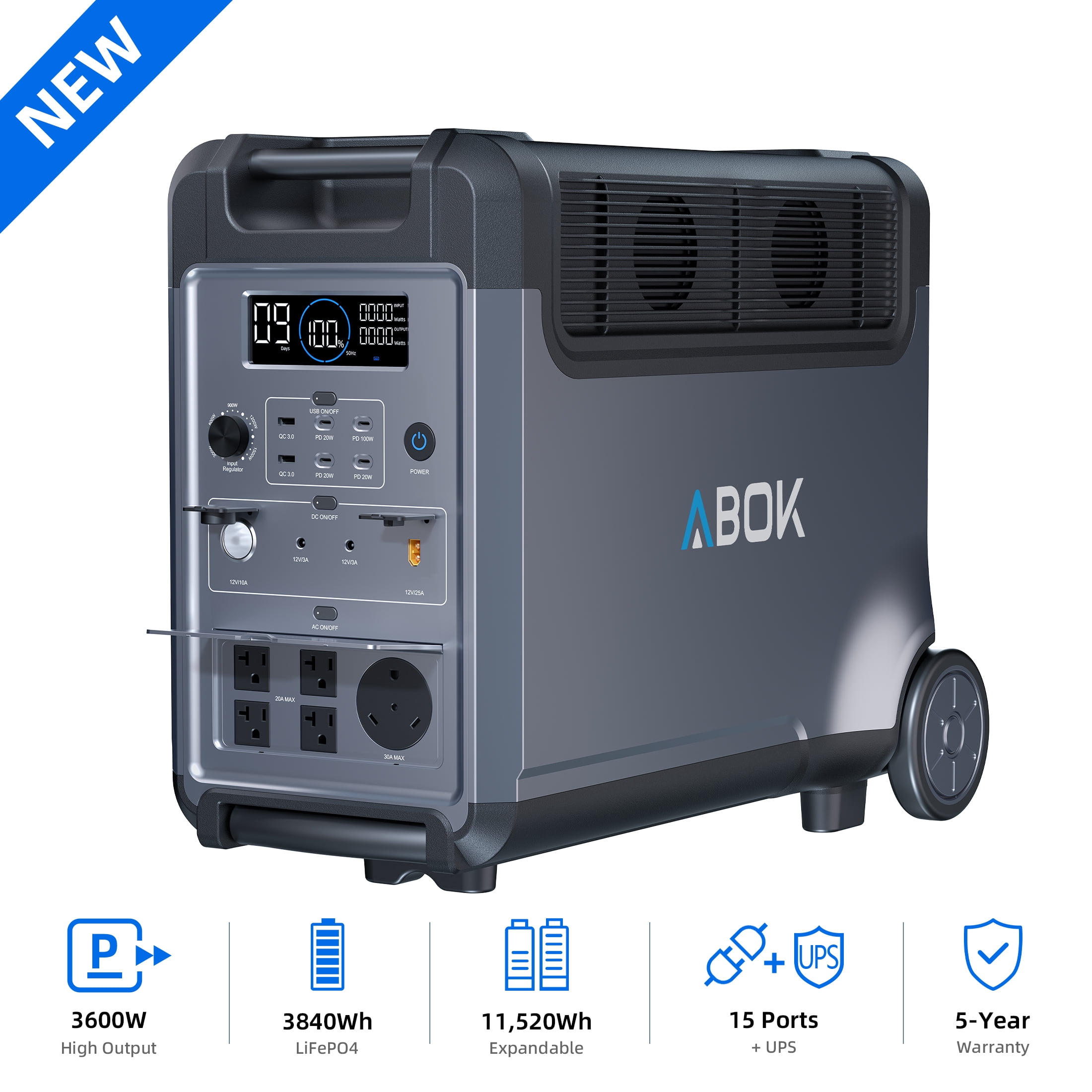 ABOK Ark3600 Expandable Power Station 3600W, 3840Wh LiFePO4 Battery Backup (Up to 11520Wh) for Whole Home, Blackouts & Hurricanes