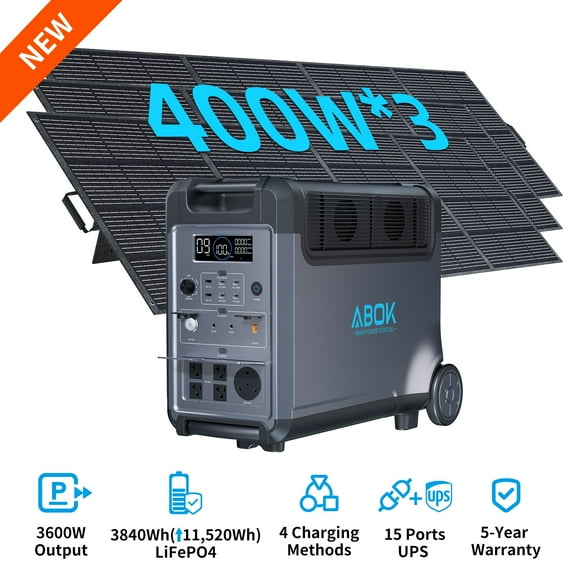 ABOK 3600W Solar Generator,3840Wh LiFePO4 Portable Power Station with 1200W Solar Panels for Home & Outdoor Use
