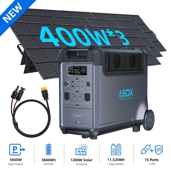 ABOK 3600W 3840Wh Solar Generator with 1200W Solar Panels, LiFePO4 Portable Power Station for Home Backup, RV, Camping, Off-Grid & Power Outages (Ark3600+3PV400)