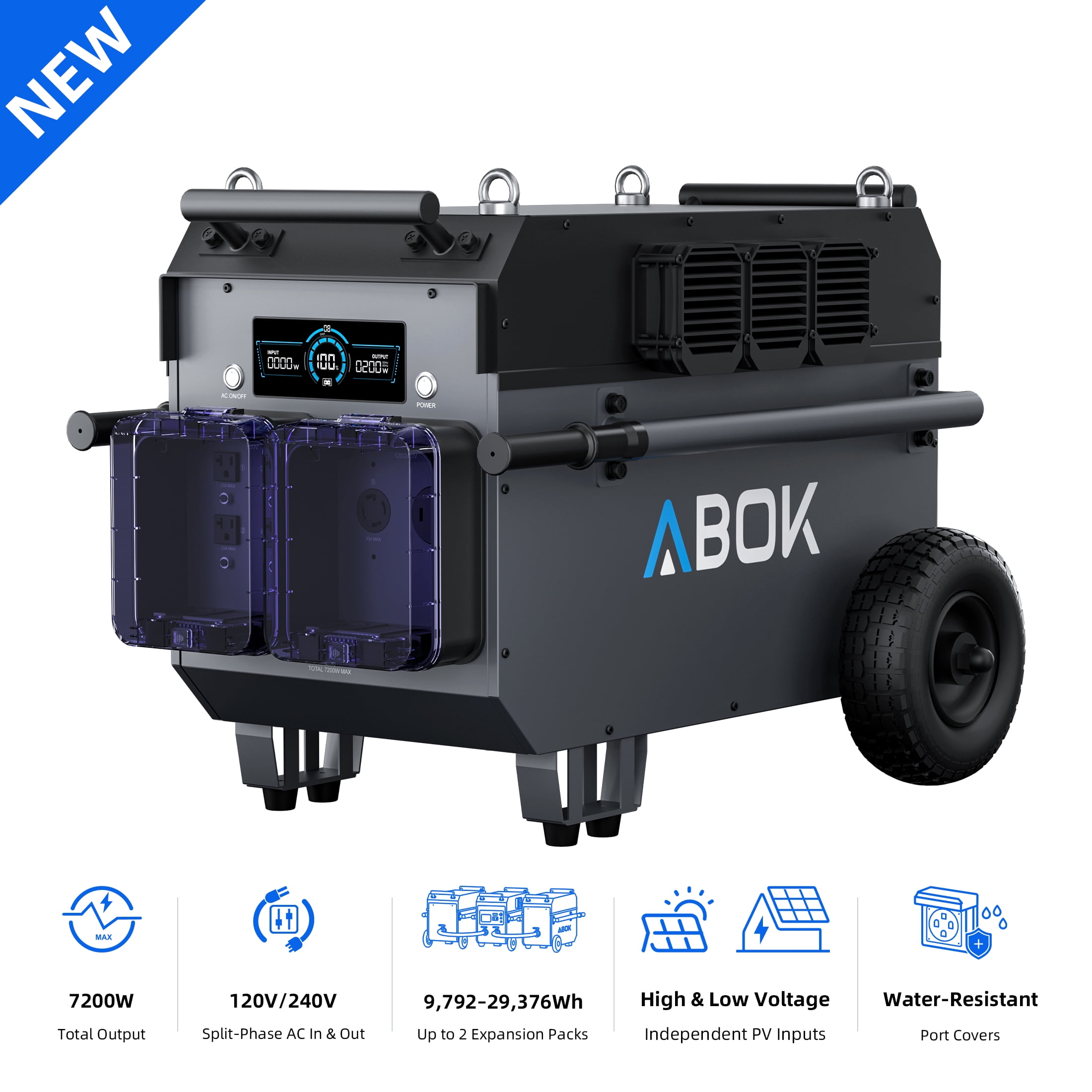 ABOK Ark7200 Plus 7200W Portable Power Station, 9792Wh LiFePO4 Solar Generator, 120V/240V Split-Phase Output, Water-Resistant Port Covers for Home Backup, RV & Off-Grid