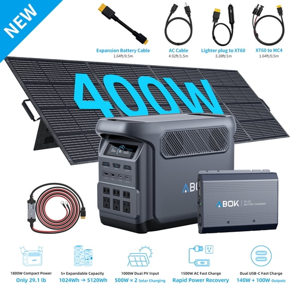 ABOK Elux1 1024Wh Portable Power Station with 400W Solar Panel & 500W DC-DC Charger, 1800W LiFePO4 RV Power System for Vanlife & Off-Grid