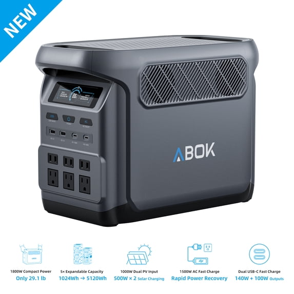 ABOK Elux1 1800W Portable Power Station (1024Wh to 5120Wh Expandable), LiFePO4 Solar Generator with Slanted Screen & Dual XT60, 1500W Fast Charge, 140W USB-C for Daily Use, Home Backup & RV