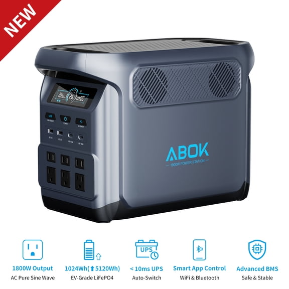 ABOK Elux1 1800W Solar Generator, 1024Wh LiFePO4 Portable Power Station (Expandable 5120Wh), 1500W Fast Charge & 140W USB-C for RV & Off-Grid