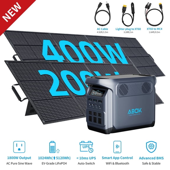 ABOK Elux1 1024Wh Portable Power Station with 400W Solar Panel & 500W DC-DC Charger, 1800W LiFePO4 RV Power System for Vanlife & Off-Grid