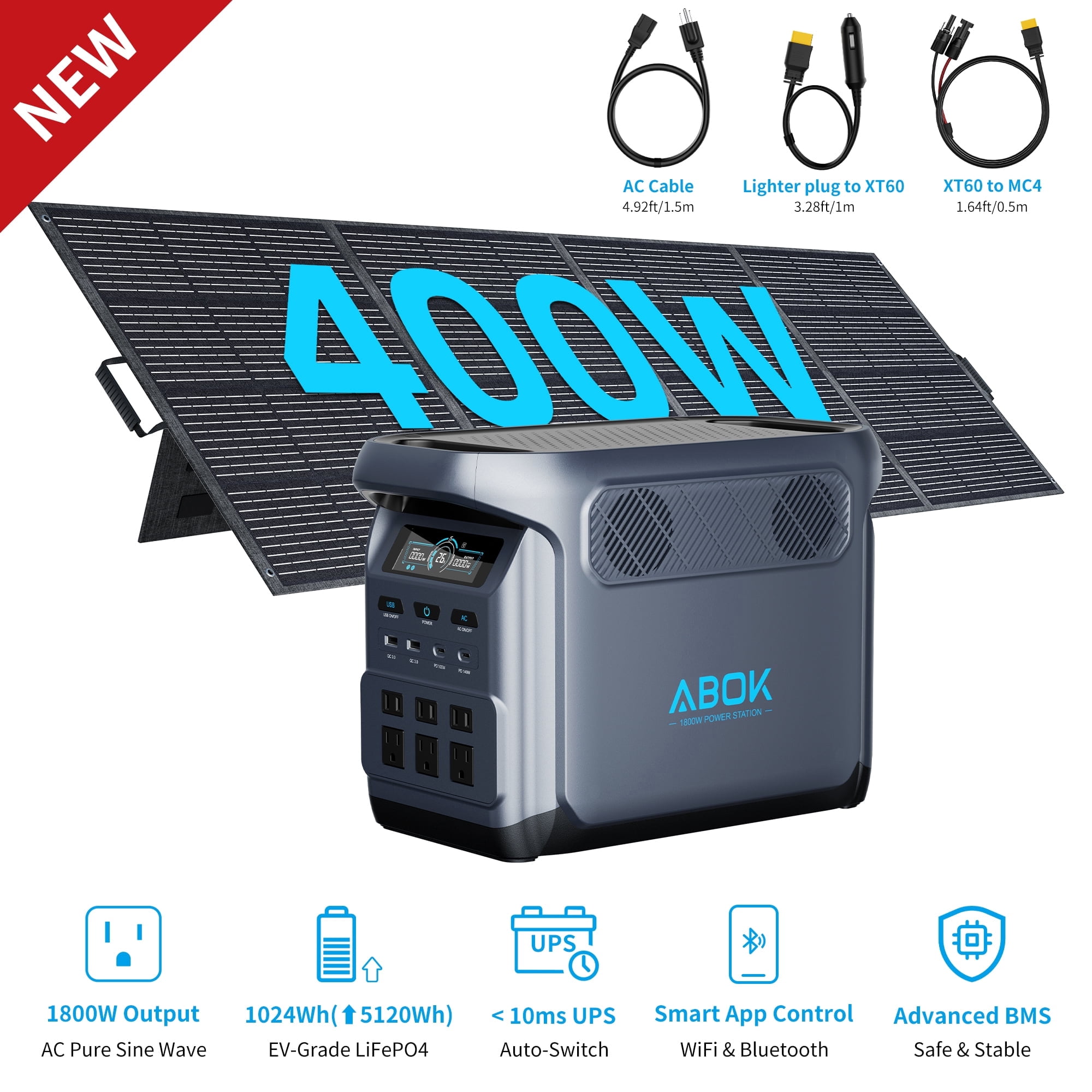 ABOK Elux1 1800W Solar Generator Kit with 400W Solar Panel, 1024Wh LiFePO4 Portable Power Station, 1000W Solar Input for RV & Home Backup