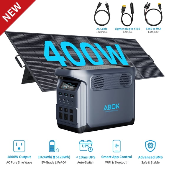 ABOK Elux1 1800W Solar Generator Kit with 400W Solar Panel, 1024Wh LiFePO4 Portable Power Station, 1000W Solar Input for RV & Home Backup