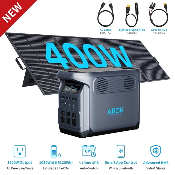 ABOK Elux1 1800W Solar Generator Kit with 400W Solar Panel, 1024Wh LiFePO4 Portable Power Station, 1000W Solar Input for RV & Home Backup
