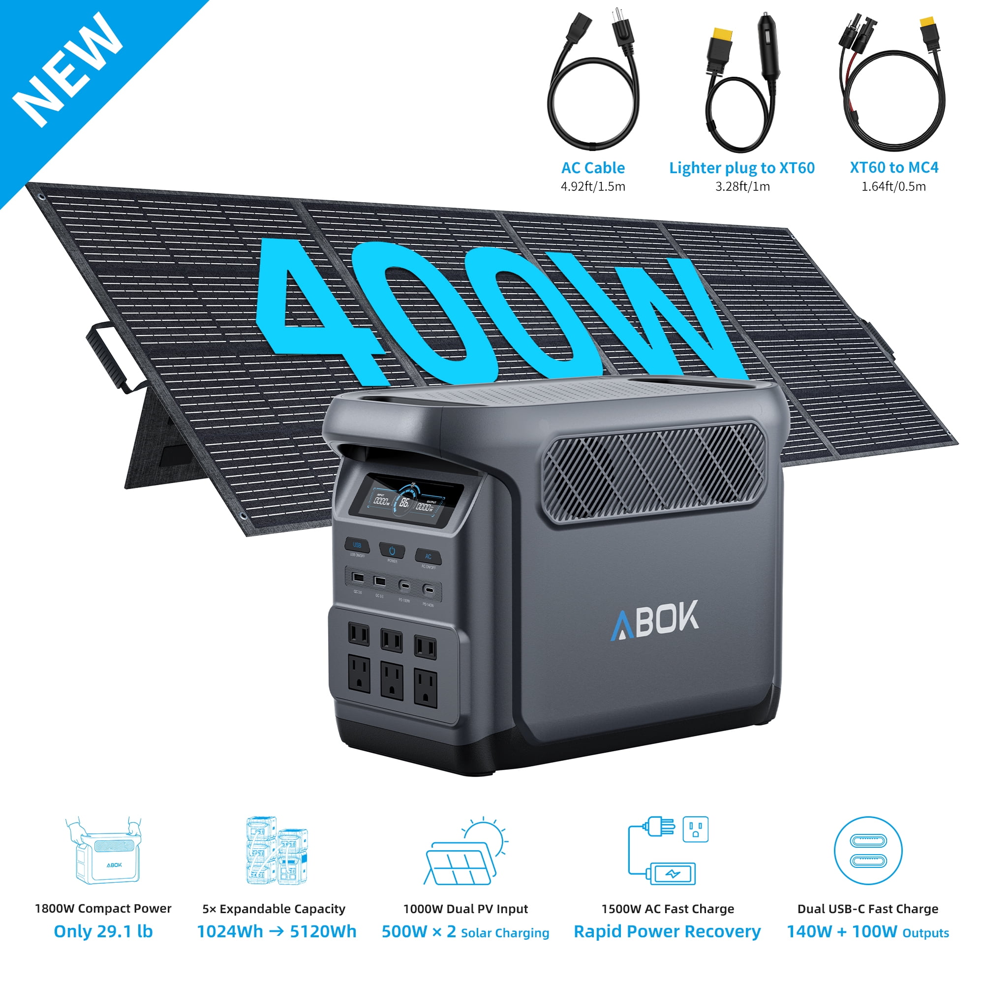 ABOK Elux1 1800W Solar Generator Kit with 400W Solar Panel, 1024Wh LiFePO4 Portable Power Station, 1000W Solar Input for RV & Home Backup