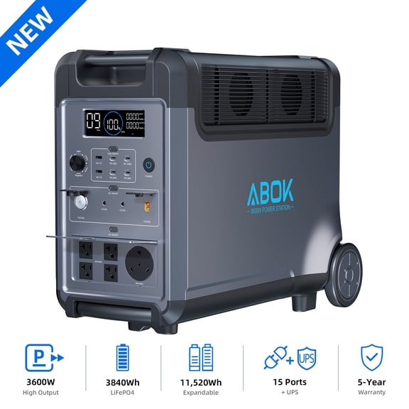 ABOK Ark3600 Expandable Power Station 3600W, 3840Wh LiFePO4 Battery Backup (Up to 11520Wh) for Whole Home, Blackouts & Hurricanes