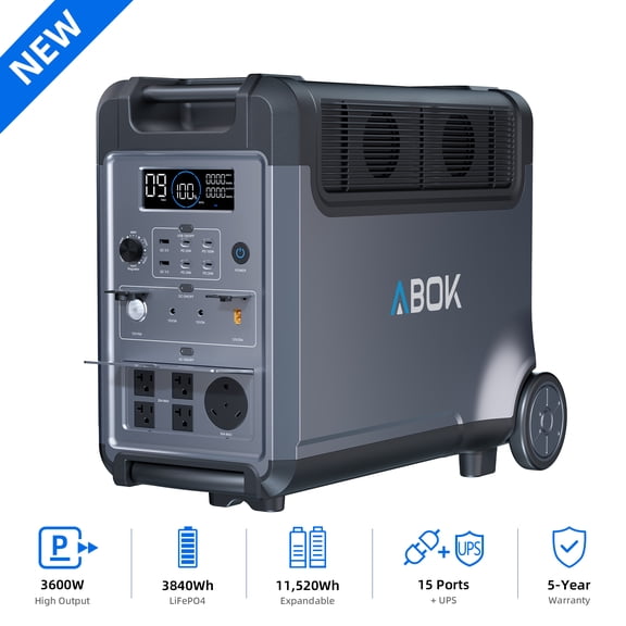 ABOK Ark3600 Expandable Power Station 3600W, 3840Wh LiFePO4 Battery Backup (Up to 11520Wh) for Whole Home, Blackouts & Hurricanes