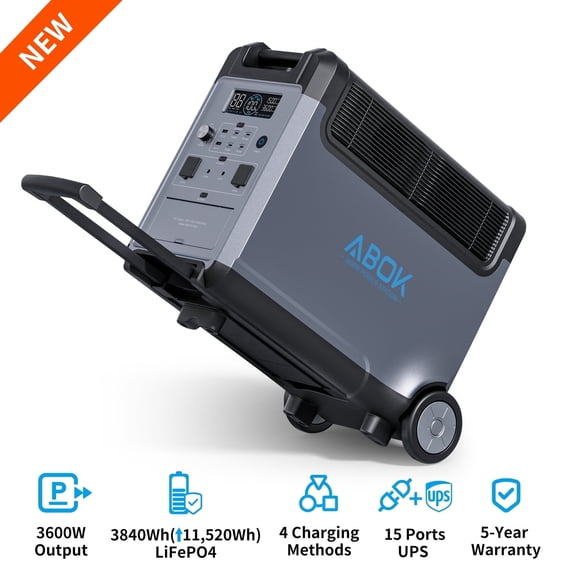 ABOK Portable Power Station, 3840Wh LiFePO4 Battery, 3600W Electric Solar Generator for Garage, Home, Off-Grid Living, Camping, RVs, Outdoor Adventures, Power Outages