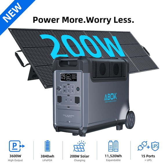 ABOK 3600W 3840Wh Solar Generator with 200W Solar Panel, LiFePO4 Portable Power Station for Camping, RV Trips, Home Backup & Power Outages (Ark3600+PV200)
