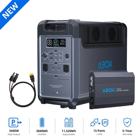 ABOK 3600W Portable Power Station, 3840Wh LiFePO4 Solar Generator with 500W DCDC Car Fast Charger for RV, Camping, Road Trips & Off-Grid Power