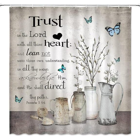 ABONAN Rustic Cotton Flower Shower Curtain Farmhouse Butterfly Inspirational Quotes Motivational Shabby Chic French Antique Country Fabric Bathroom Curtains Decor Set with Hooks (72" Wx72 H)