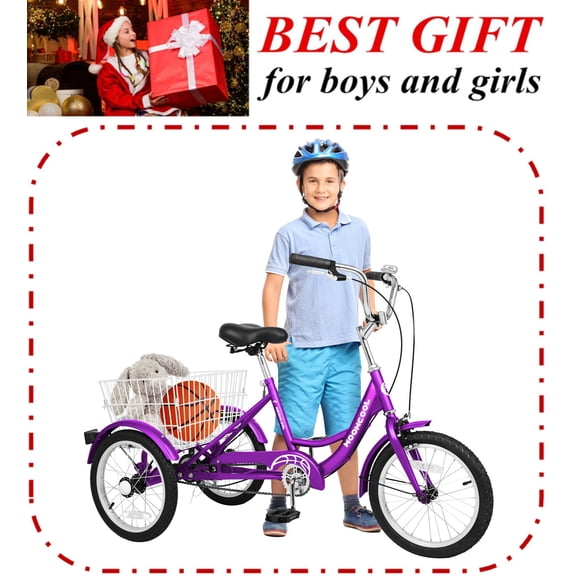 ABORON 16 inch Tricycle Trikes for Beginner Riders, Single Speed 3 Wheel Bikes, Low Step Through Three-Wheeled Bicycles with Rear Basket