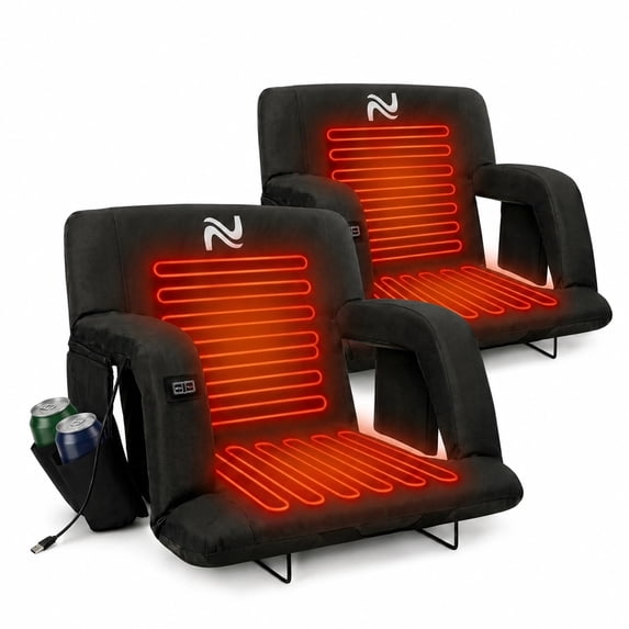 Aboron Oversized Heated Stadium Seat for Bleachers, 25" Wide Portable Backpack Stadium Chair for Adults, Reclining Bleacher Seat for Sports Events 2pk