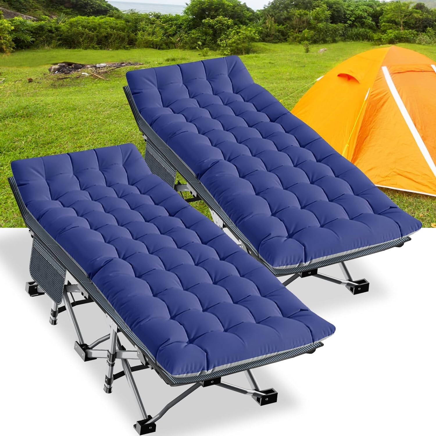 ABORON, Folding Camping Cot, 75"x28"x14" Blue with 2 Sided Cushion ...