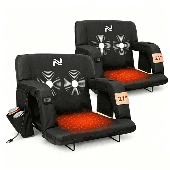 ABORON 2 Pack Heated Massage Stadium Seats for Bleachers with Back Support Wide 21 Inch, Portable Stadium Seat Bleacher Chair with 6 Reclining Positions, Armrest, Stadium Chair for Outdoor