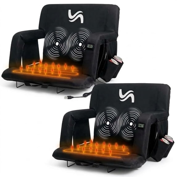 ABORON Heated Massage Stadium Seats for Bleachers Set of 2, Portable Bleacher Seat with Back Support Wide 21 Inch Stadium Chair, USB 3 Levels of Heat, 6 Reclining Positions