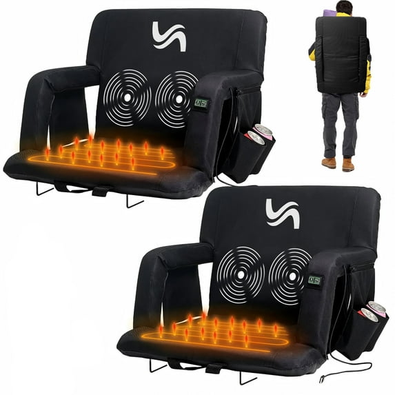 ABORON Heated Massage Stadium Seats for Bleachers Set of 2, Portable Bleacher Seat with Back Support Wide 21 Inch Stadium Chair, USB 3 Levels of Heat, 6 Reclining Positions